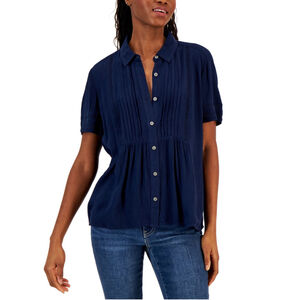 Style & Co Women's Petite Navy Blue Pintuck Short-Sleeve Button-Front Shirt NWT